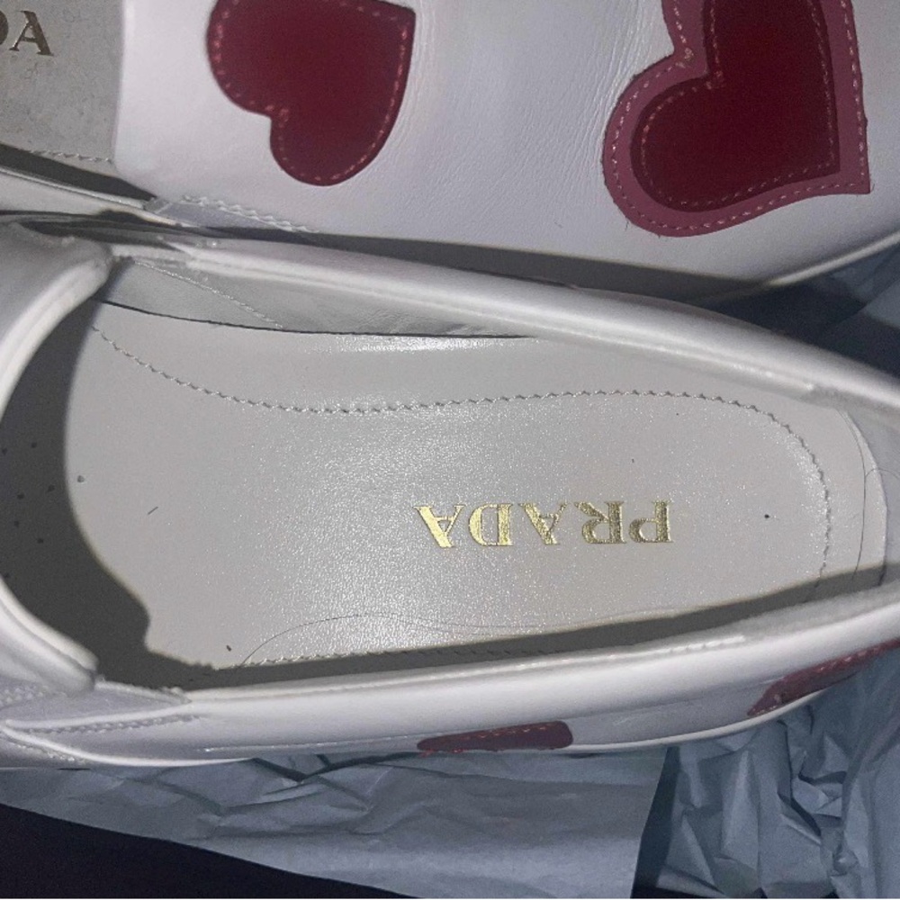 Prada Women's Cream and Red Heart Loafers - Picture 2 of 4